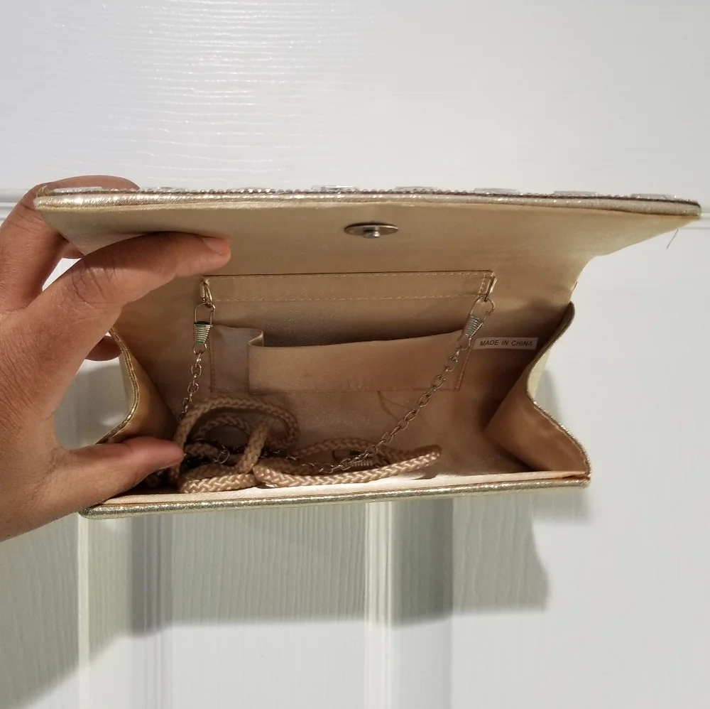 Gold & Rhinestone Fabric Pleated Fold Over Magnet Closure Clutch Removable Strap